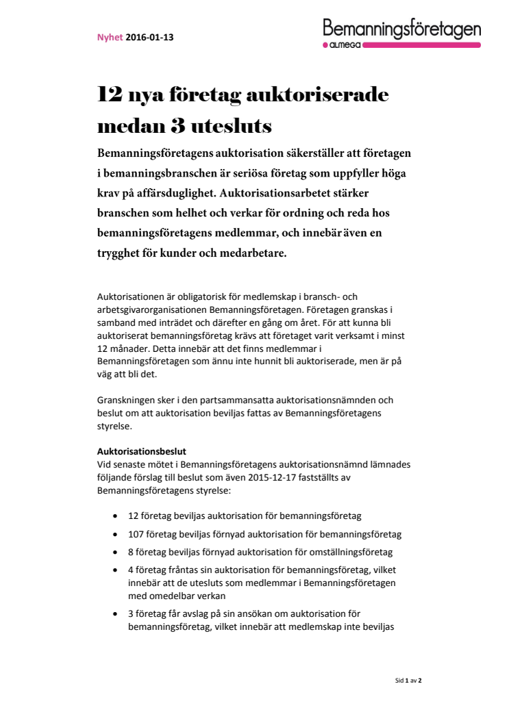 12 nya företag auktoriserade medan 3 utesluts