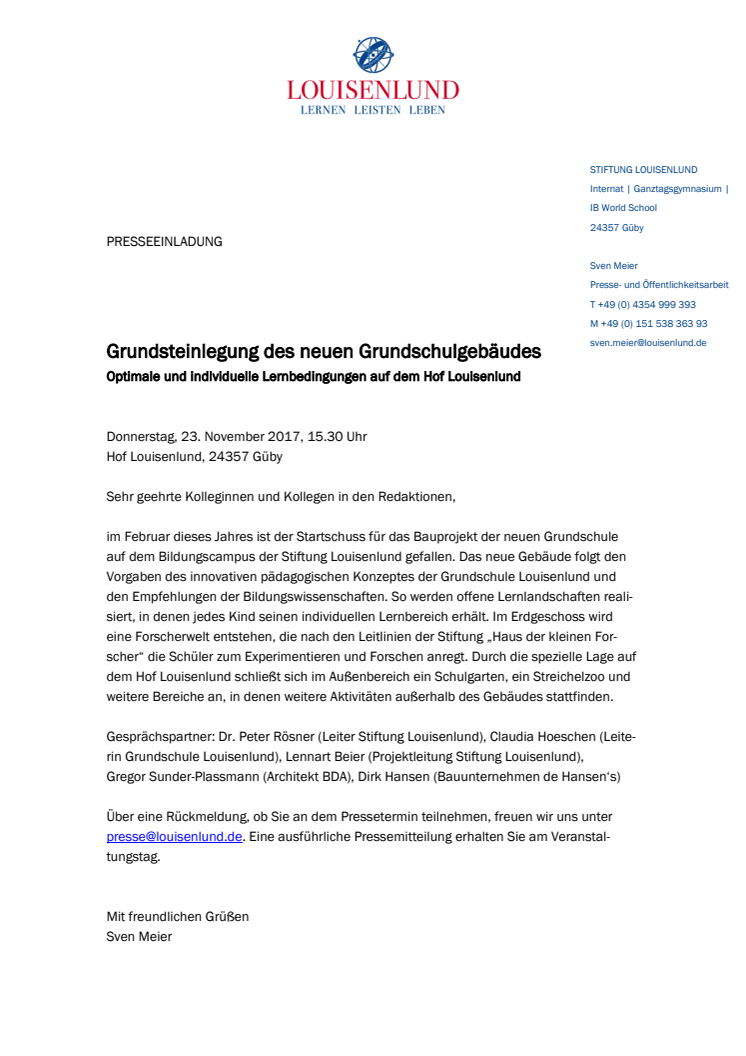 PRESSEEINLADUNG: Grundsteinlegung des neuen Grundschulgebäudes in Louisenlund