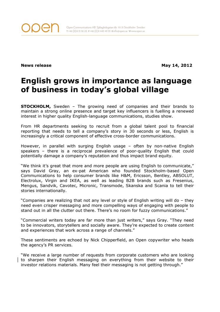 English grows in importance as language  of business in today’s global village  