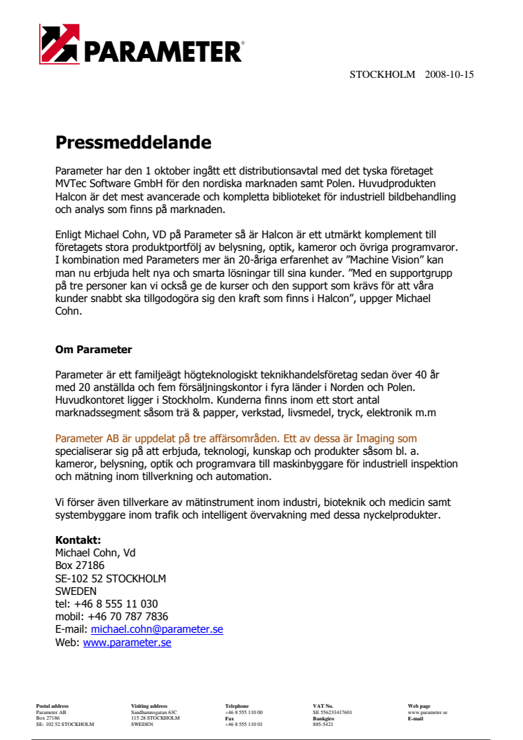 Parameter tecknar distributionsavtal med MVTec Software GmbH