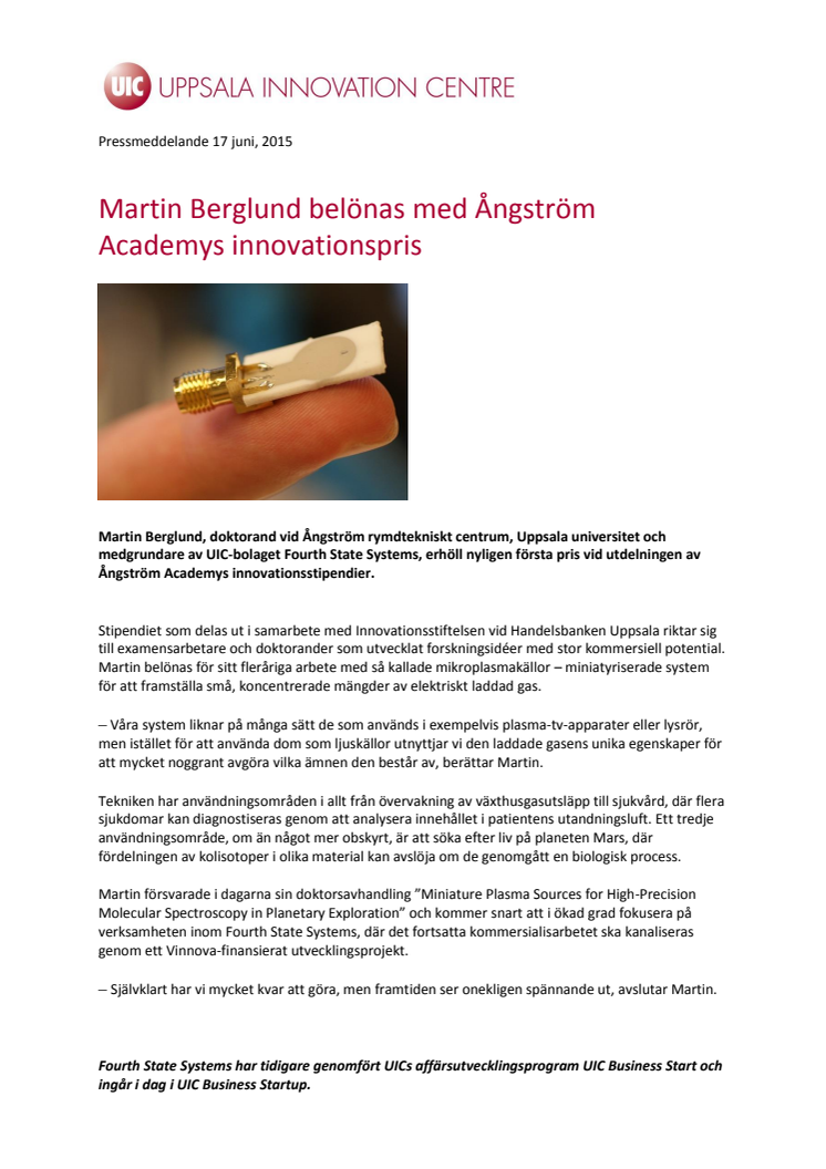 Martin Berglund belönas med Ångström Academys innovationspris
