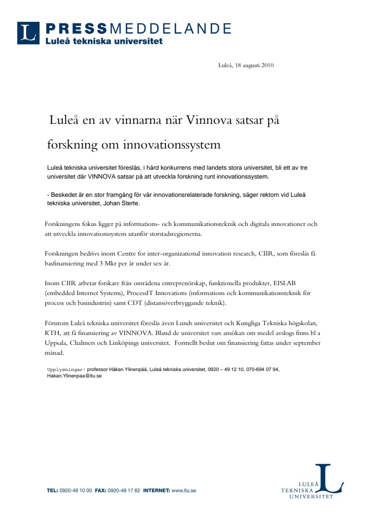 Luleå en av vinnarna när Vinnova satsar på forskning om innovationssystem