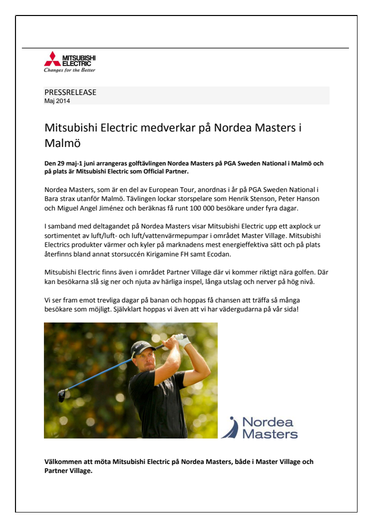 Mitsubishi Electric medverkar på Nordea Masters i Malmö!