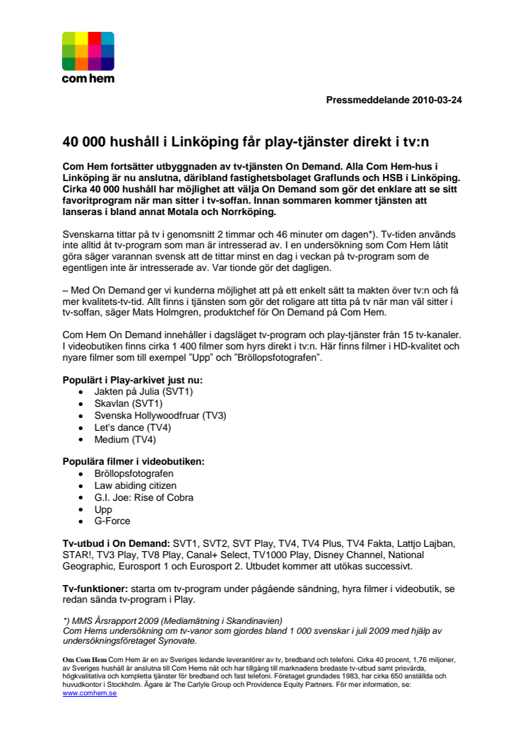 40 000 hushåll i Linköping får play-tjänster direkt i tv:n