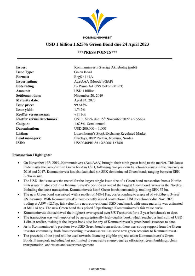 Kommuninvest Green Bonds Nov 2019 - Press Points