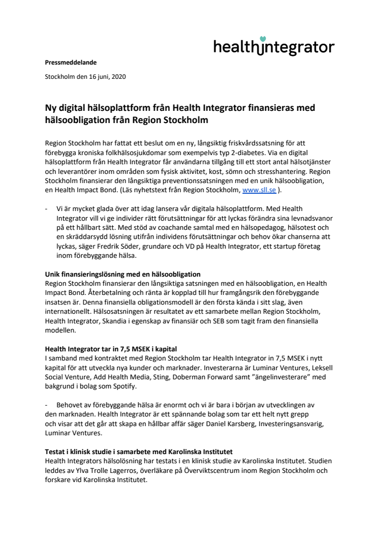 Ny digital hälsoplattform från Health Integrator finansieras med hälsoobligation från Region Stockholm 