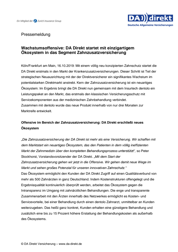 Wachstumsoffensive: DA Direkt startet mit einzigartigem Ökosystem in das Segment Zahnzusatzversicherung