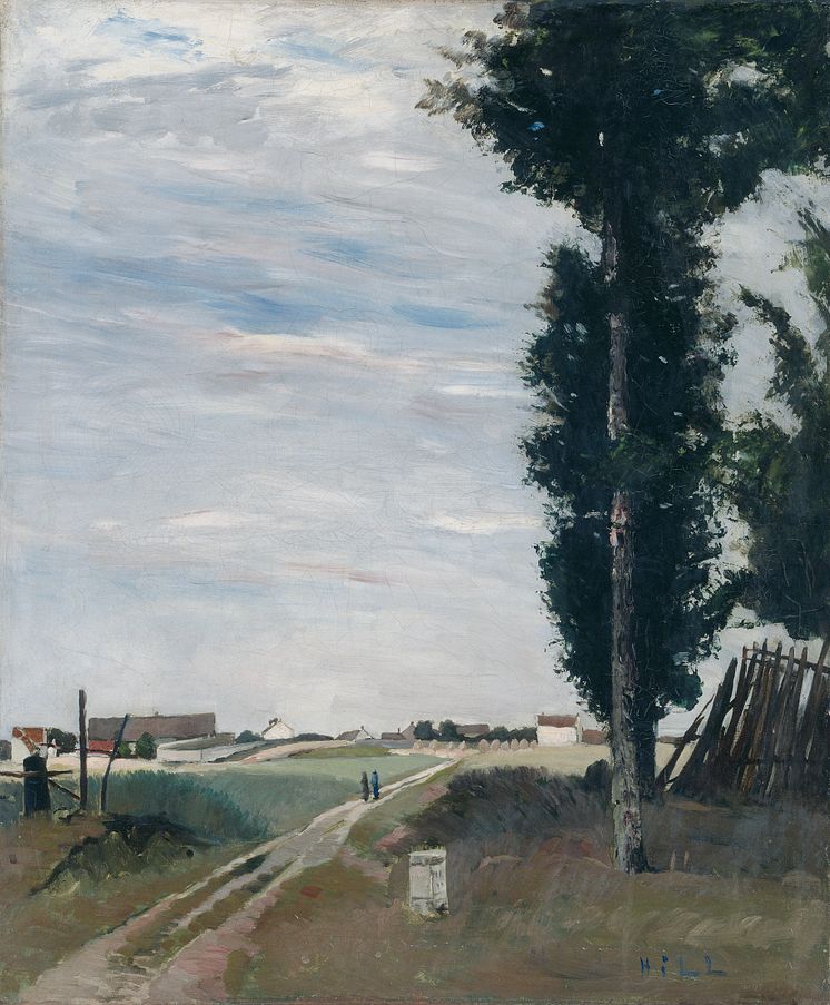 Carl Fredrik Hill, Väg med popplar, 1876/77. Olja på duk, 21,5 x 27 cm. 