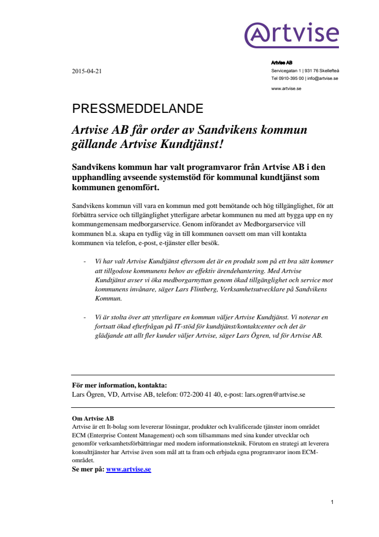 Artvise AB får order av Sandvikens kommun gällande Artvise Kundtjänst!