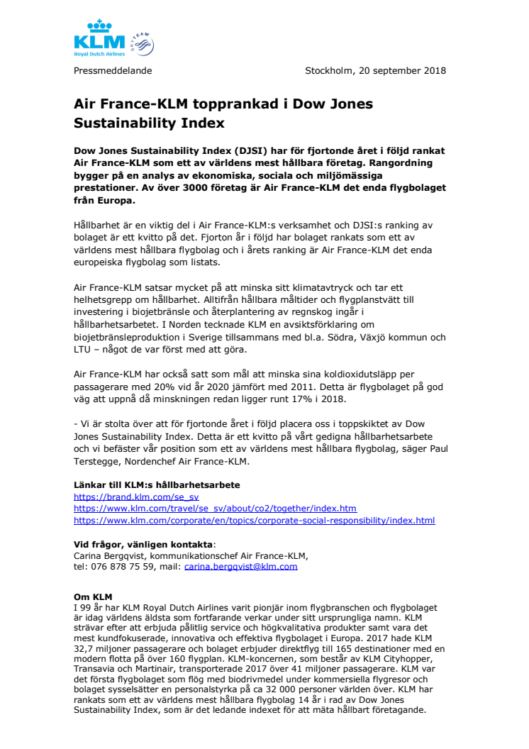 Air France-KLM topprankad i Dow Jones Sustainability Index