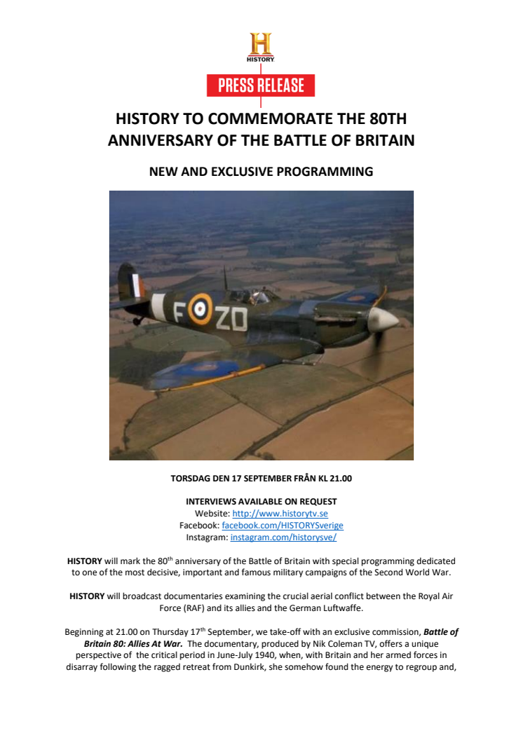 PRESS RELEASE | HISTORY TO COMMEMORATE THE 80TH ANNIVERSARY OF THE BATTLE OF BRITAIN