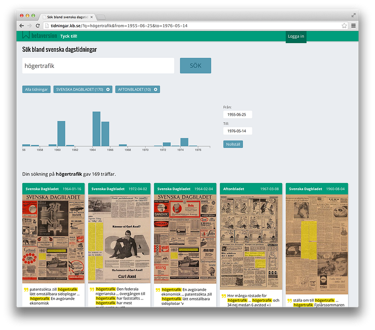 Exempel på visning av sökning i KB:s tjänst för digitaliserade dagstidningar