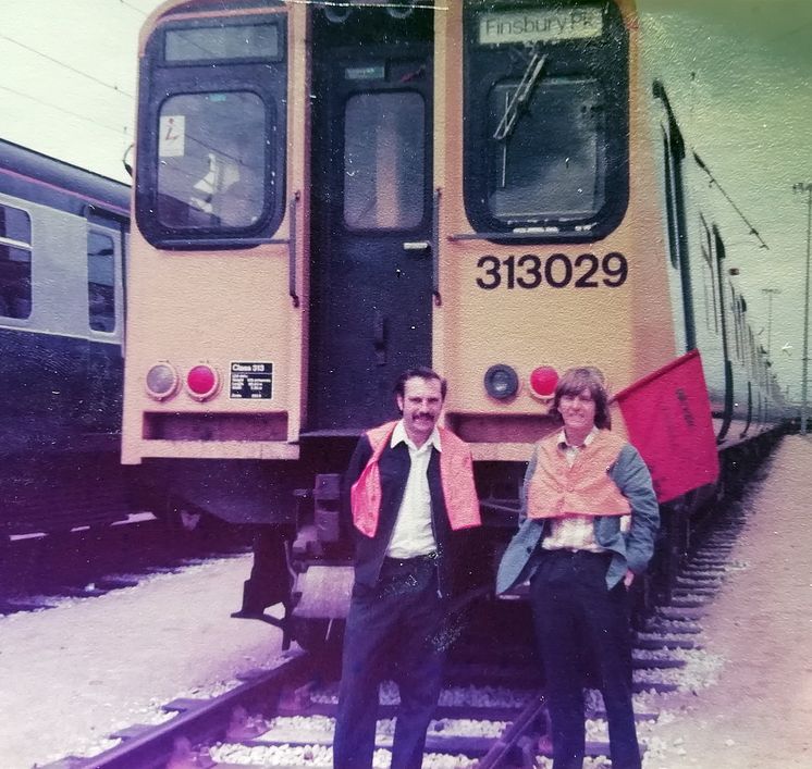 Retired driver Ian Twells, right, and colleague Reggie Gant with one of the old Moorgate trains in 1979