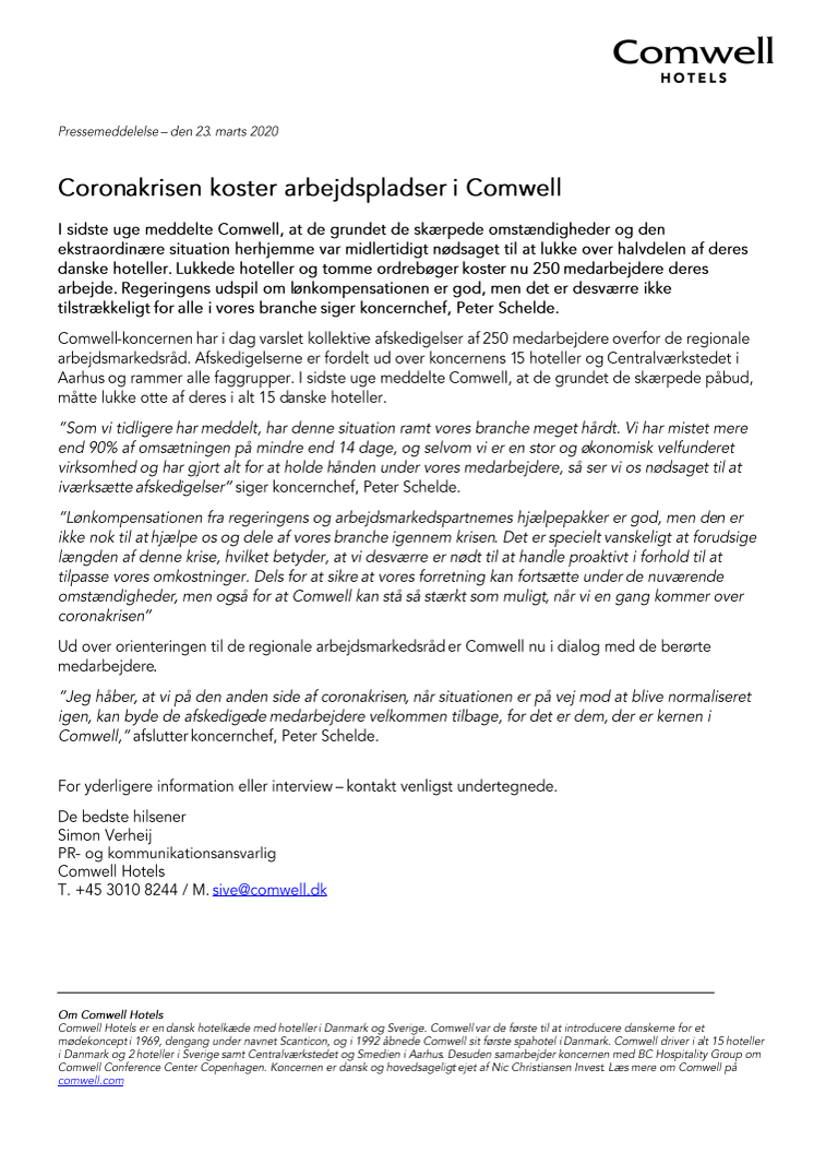 Coronakrisen koster arbejdspladser i Comwell