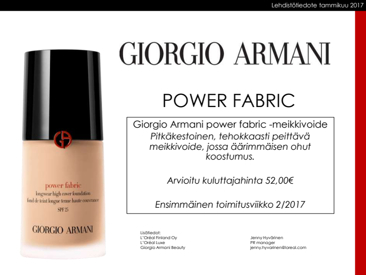 Giorgio Armani Power Fabric-meikkivoide lehdistötiedote 012017