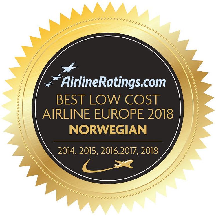 Norwegian kåret til Europas beste lavprisselskap femte år på rad av AirlineRatings.com