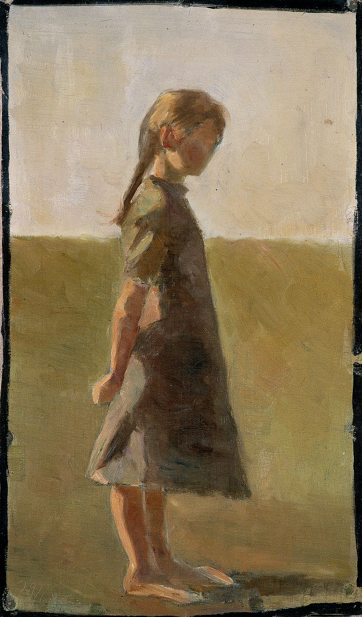 Marie Krøyer, Flicka på ett fält, i profil, 1885. Olja på duk, 41 x 24 cm.