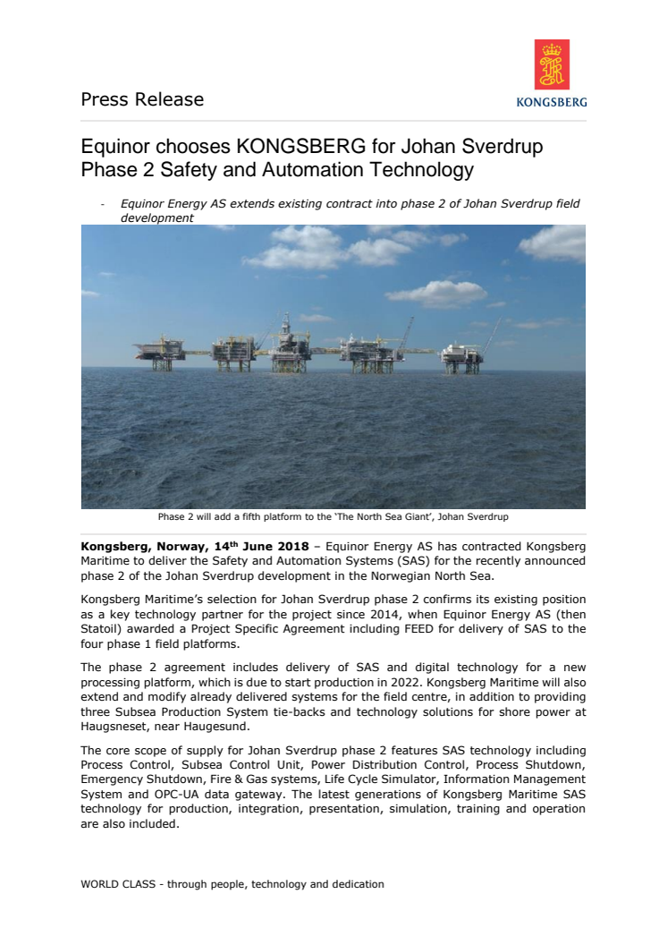 Kongsberg Maritime: Equinor chooses KONGSBERG for Johan Sverdrup Phase 2 Safety and Automation Technology