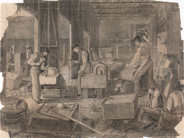Trefoldighetskirkens steinhoggerverksted, 1852, tegning, blyant på papir, Wilhelm von Hanno.