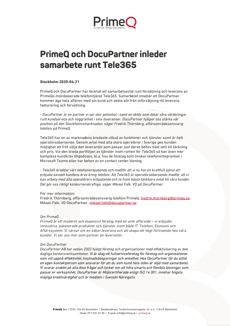 Pressmeddelande PrimeQ Docupartner