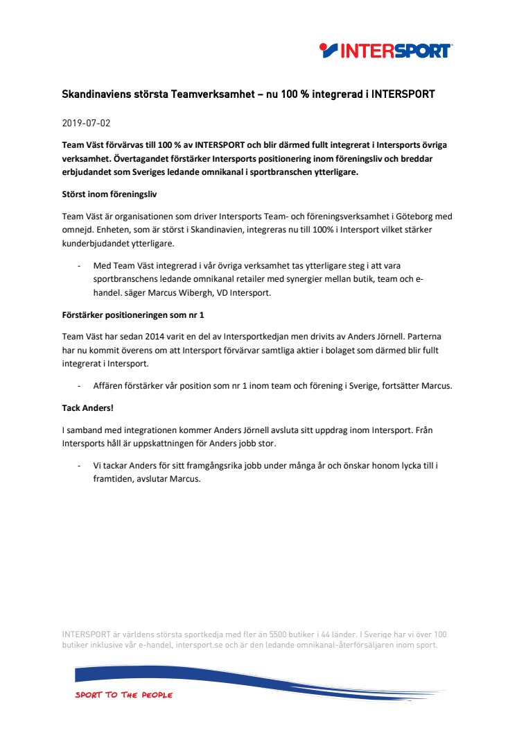 Skandinaviens största Teamverksamhet - nu 100 % integrerad i INTERSPORT 