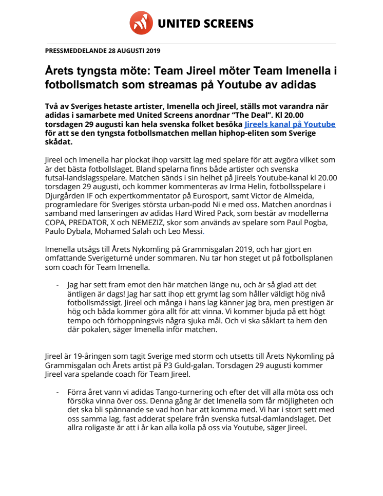 ​Årets tyngsta möte: Team Jireel möter Team Imenella i fotbollsmatch som streamas på Youtube av adidas