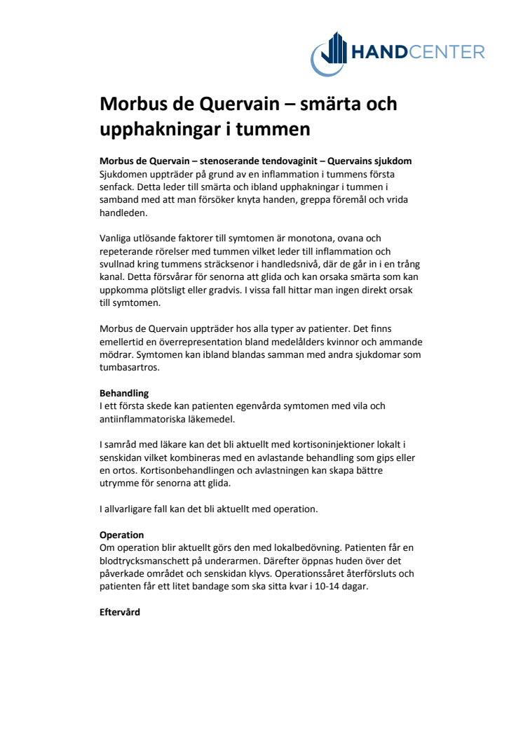 Morbus de Quervain – smärta och upphakningar i tummen