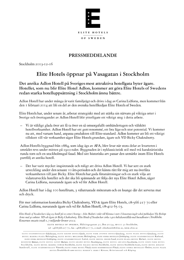 Elite Hotels öppnar på Vasagatan i Stockholm