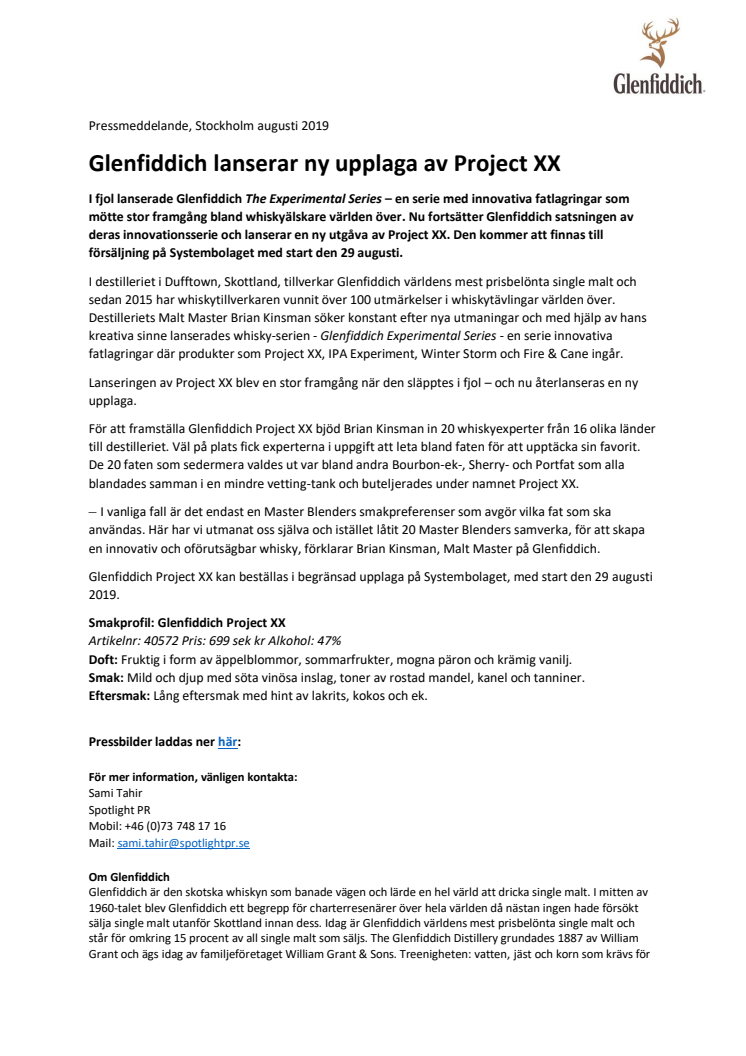 Glenfiddich lanserar ny upplaga av Project XX