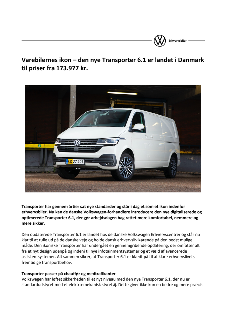 Varebilernes ikon – den nye Transporter 6.1 er landet i Danmark til priser fra 173.977 kr.
