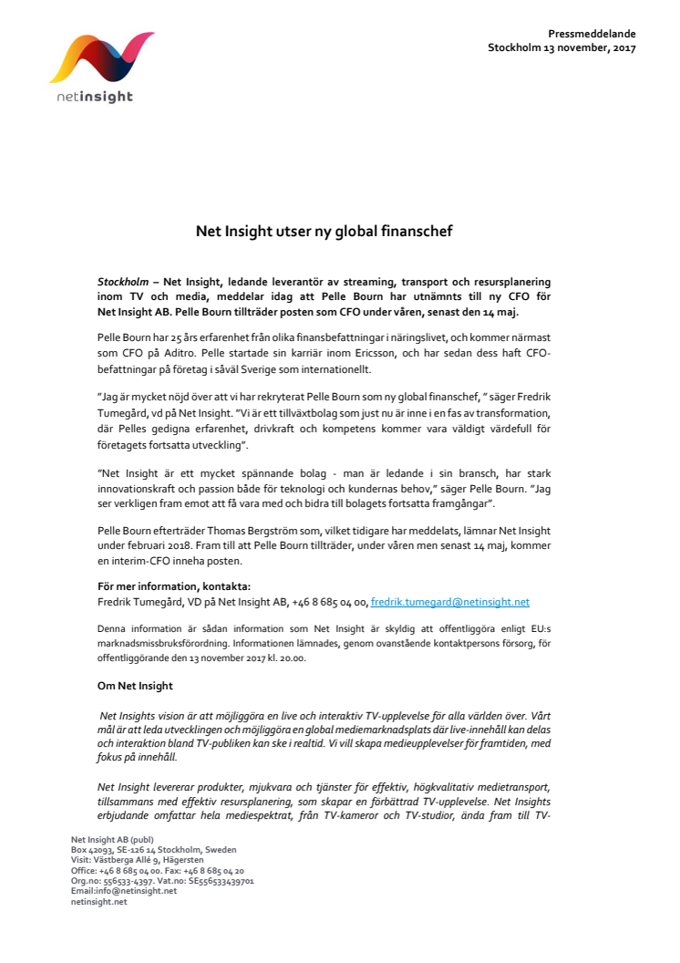 Net Insight utser ny global finanschef