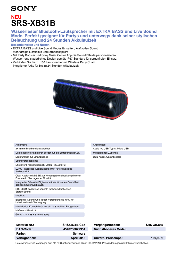 Datenblatt Wireless Speaker SRS-XB31 von Sony