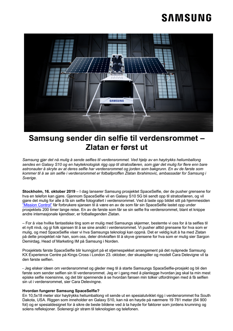 Samsung sender din selfie til verdensrommet – Zlatan er først ut