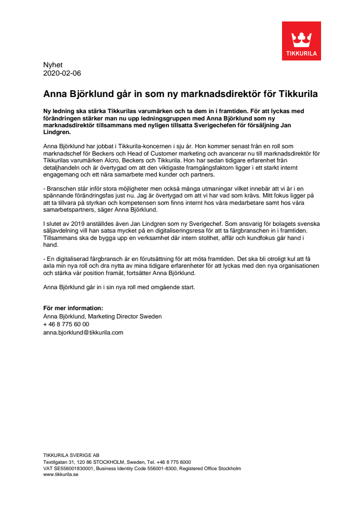 Anna Björklund går in som ny marknadsdirektör för Tikkurila 