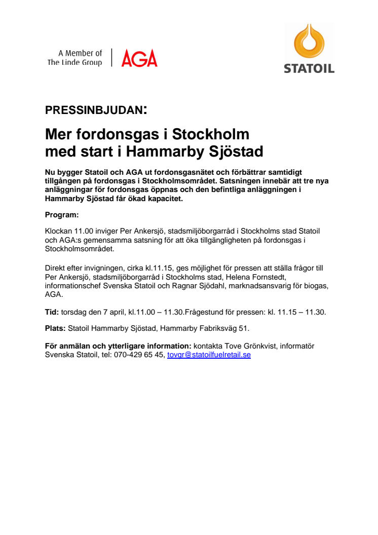 PRESSINBJUDAN: Mer fordonsgas i Stockholm med start i Hammarby Sjöstad