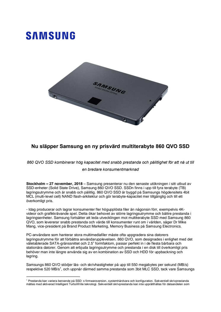 Nu släpper Samsung en ny prisvärd multiterabyte 860 QVO SSD