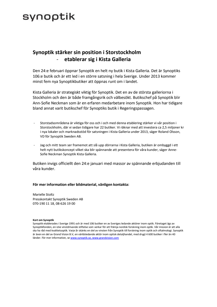 Synoptik stärker sin position i Storstockholm - etablerar sig i Kista Galleria
