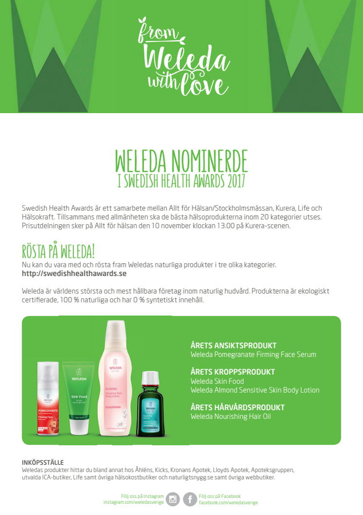 Weleda nominerad i Swedish Health Awards 2017