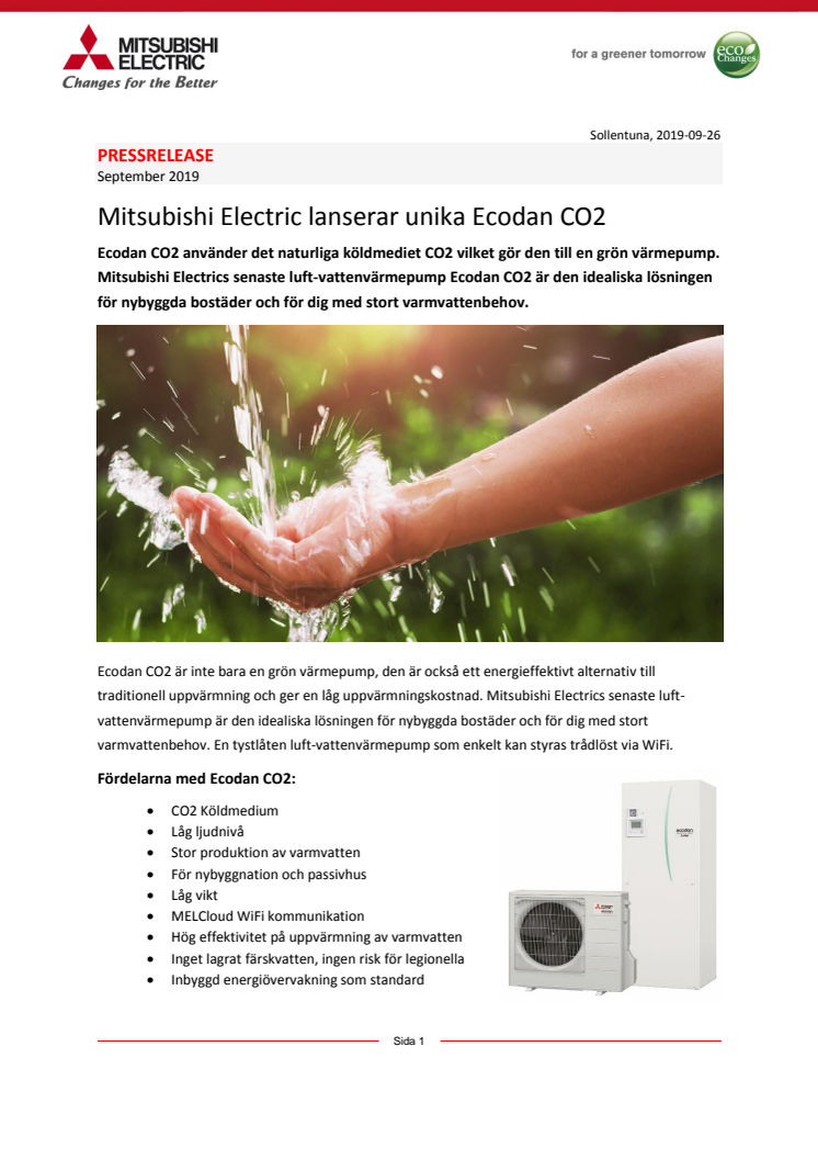 Mitsubishi Electric lanserar unika Ecodan CO2 