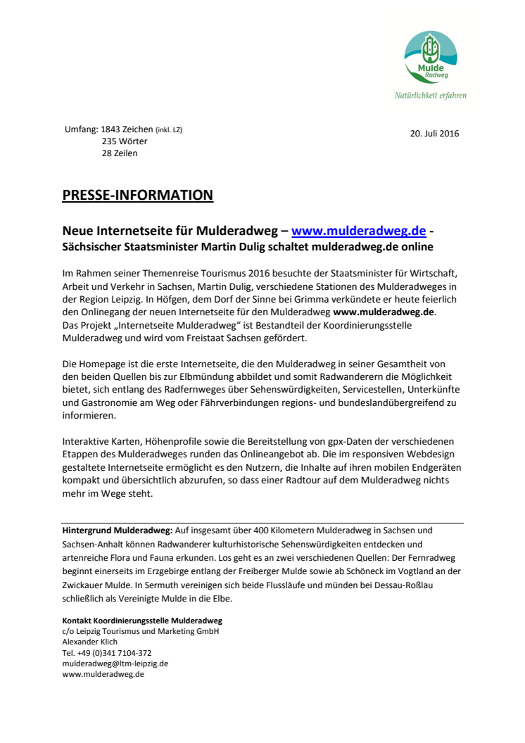 Pressemitteilung Onlineschaltung mulderadweg.de