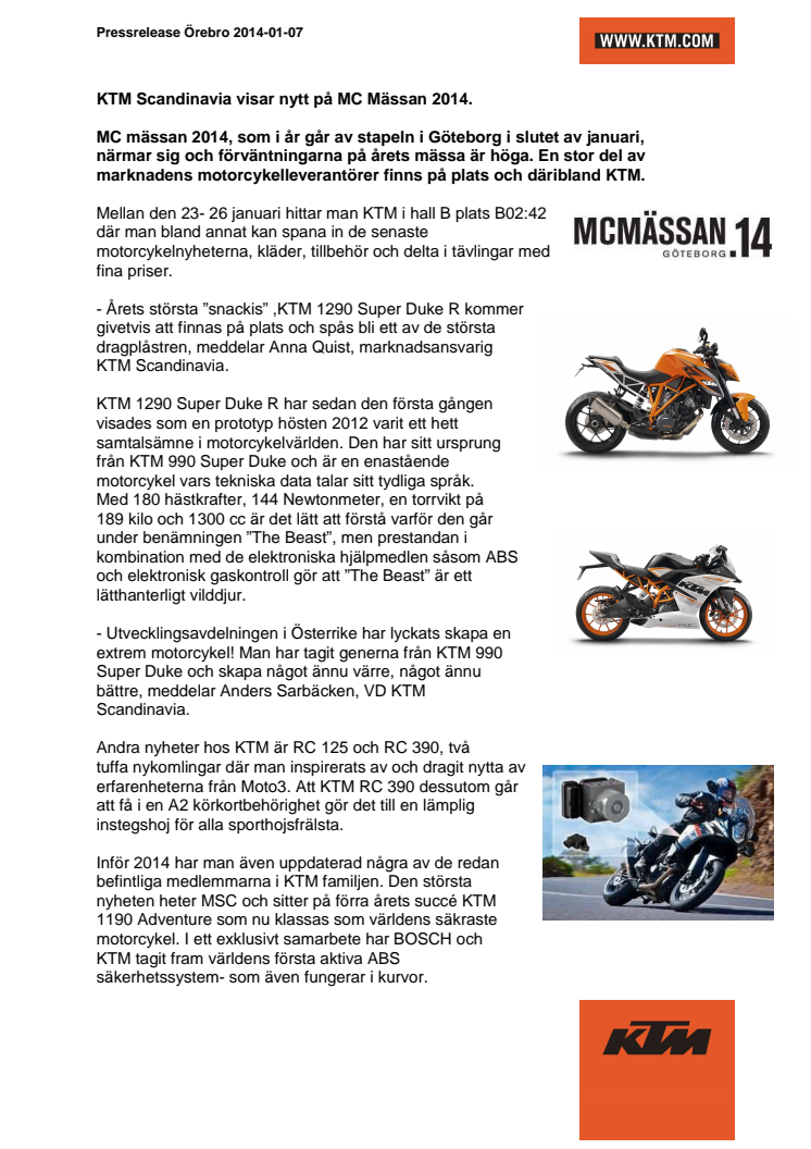 KTM Scandinavia visar nytt på MC Mässan 2014!