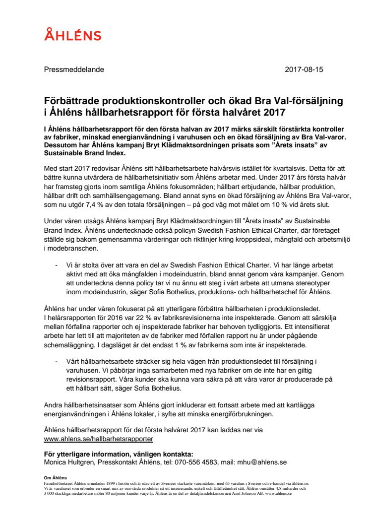 Förbättrade produktionskontroller och ökad Bra Val-försäljning  i Åhléns hållbarhetsrapport för första halvåret 2017