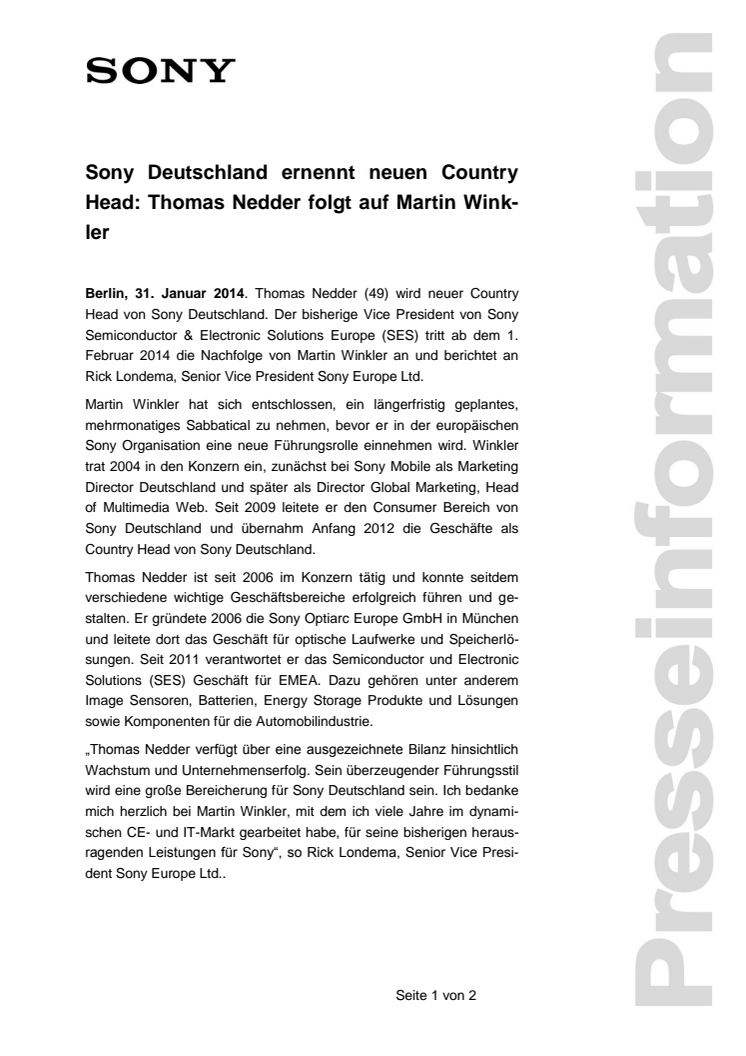 Sony Deutschland ernennt neuen Country Head: Thomas Nedder folgt auf Martin Winkler
