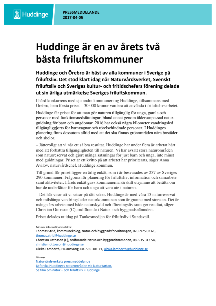 Huddinge är en av årets två bästa friluftskommuner