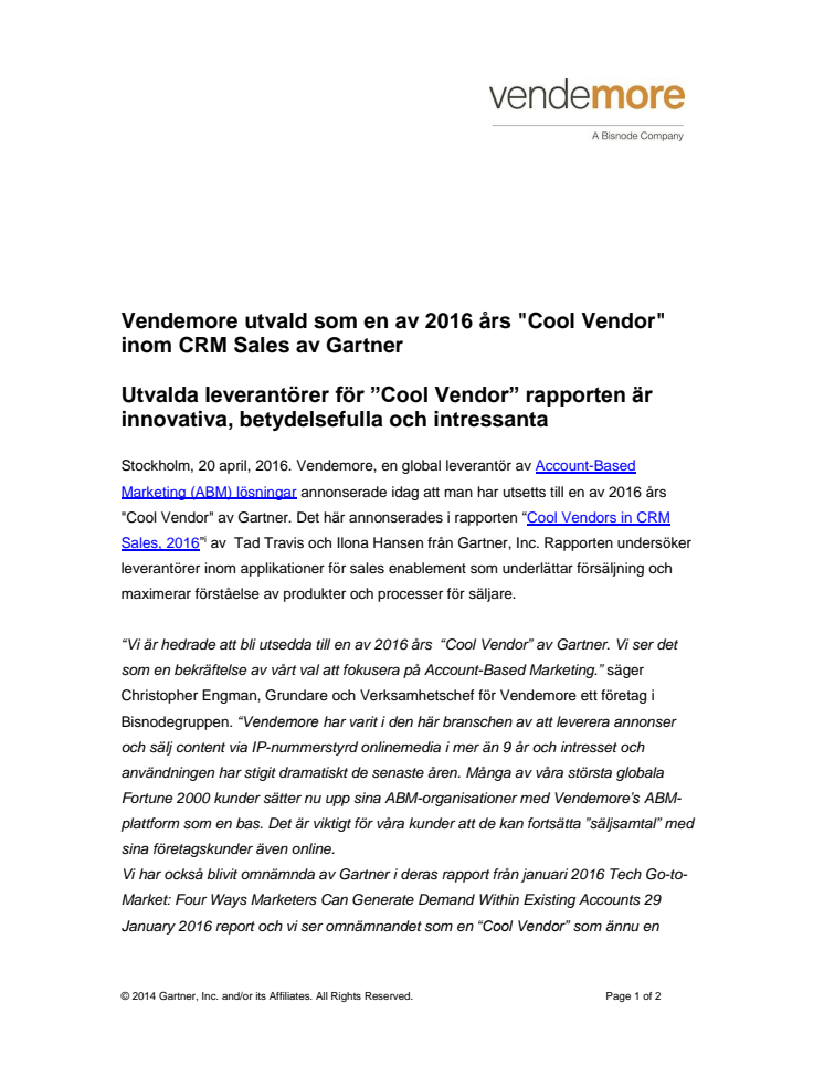 Vendemore utvald som en av 2016 års "Cool Vendor" inom CRM Sales av Gartner
