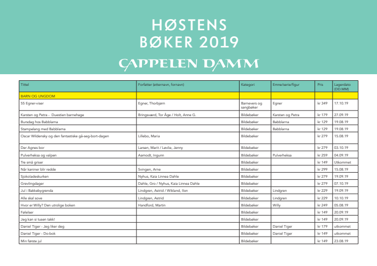 Cappelen Damms bokliste med datoer - høsten 2019