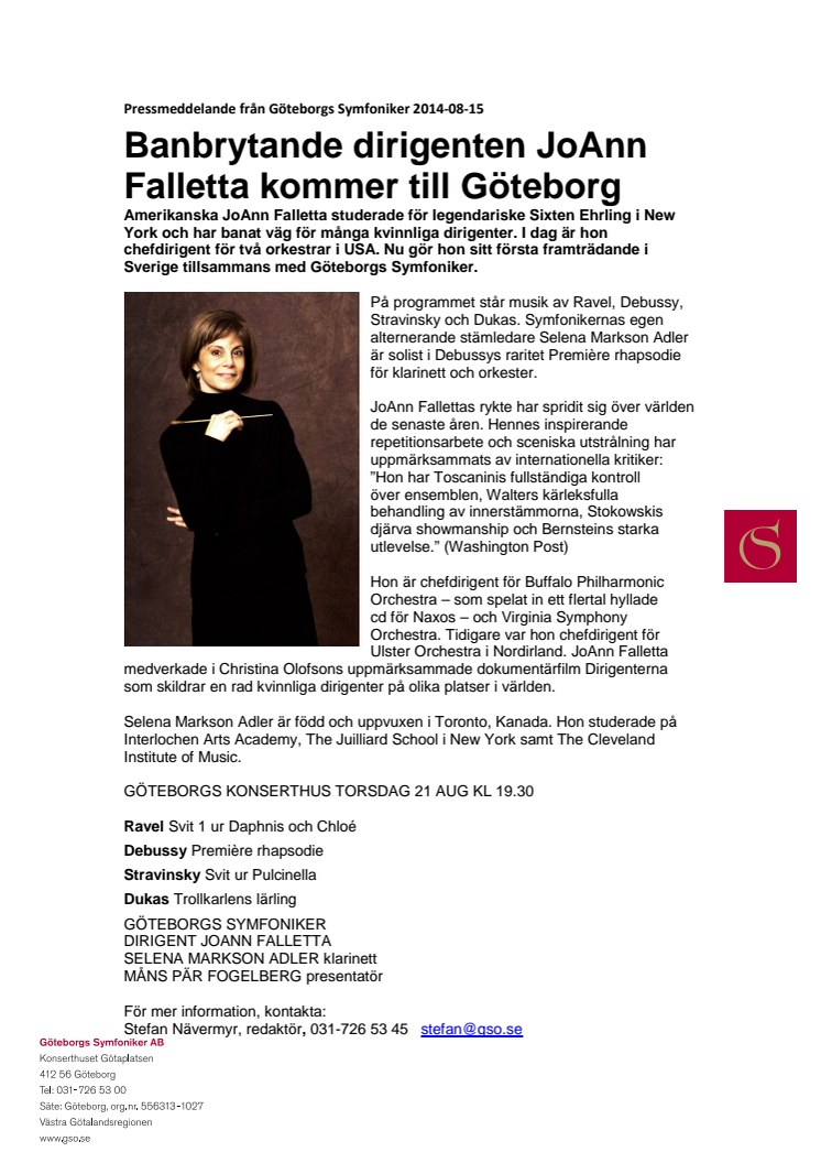 Banbrytande dirigenten JoAnn Falletta kommer till Göteborg 