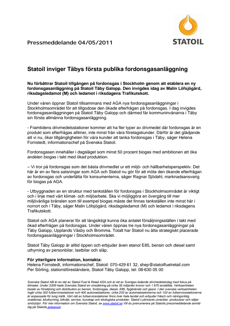 Statoil inviger Täbys första publika fordonsgasanläggning 