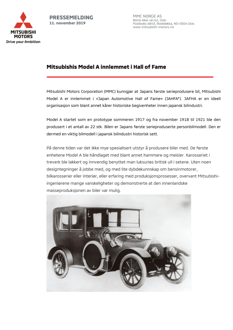 Mitsubishis Model A innlemmet i Hall of Fame