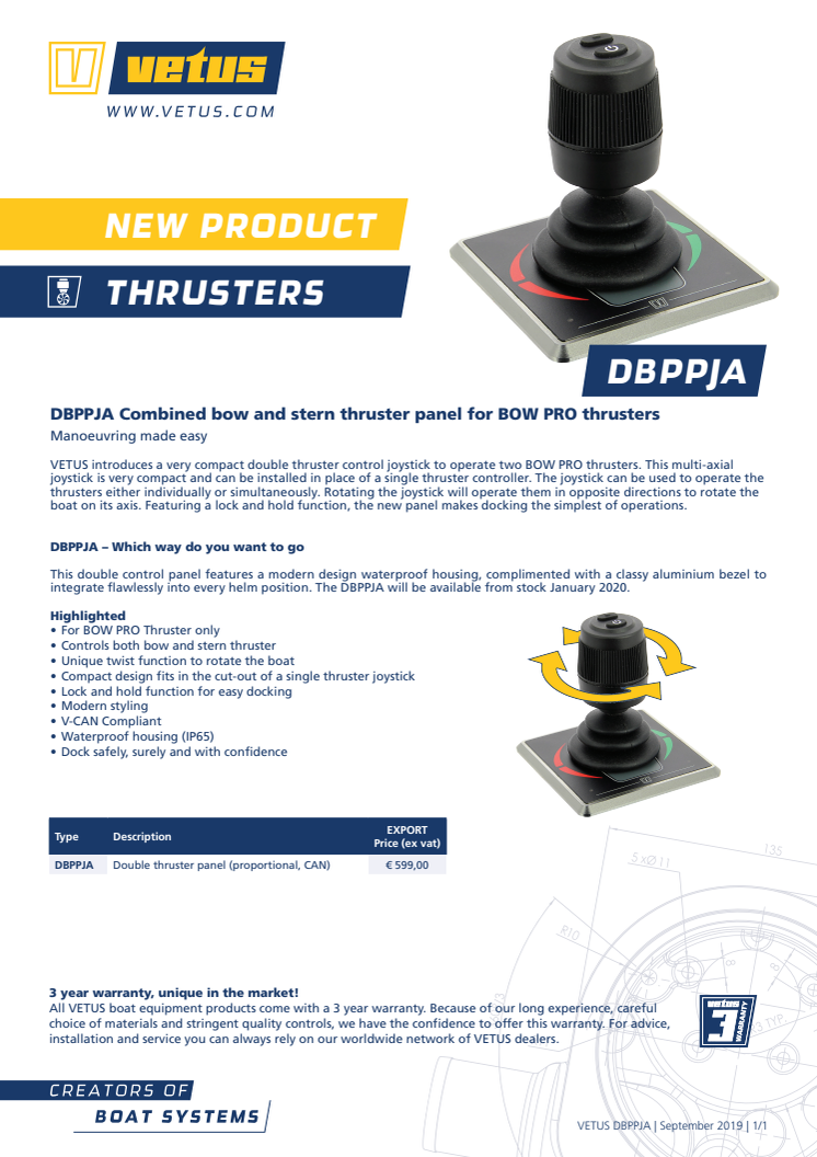 The VETUS DBPPJA combined bow and stern thruster panel for BOW PRO thrusters - Information Sheet